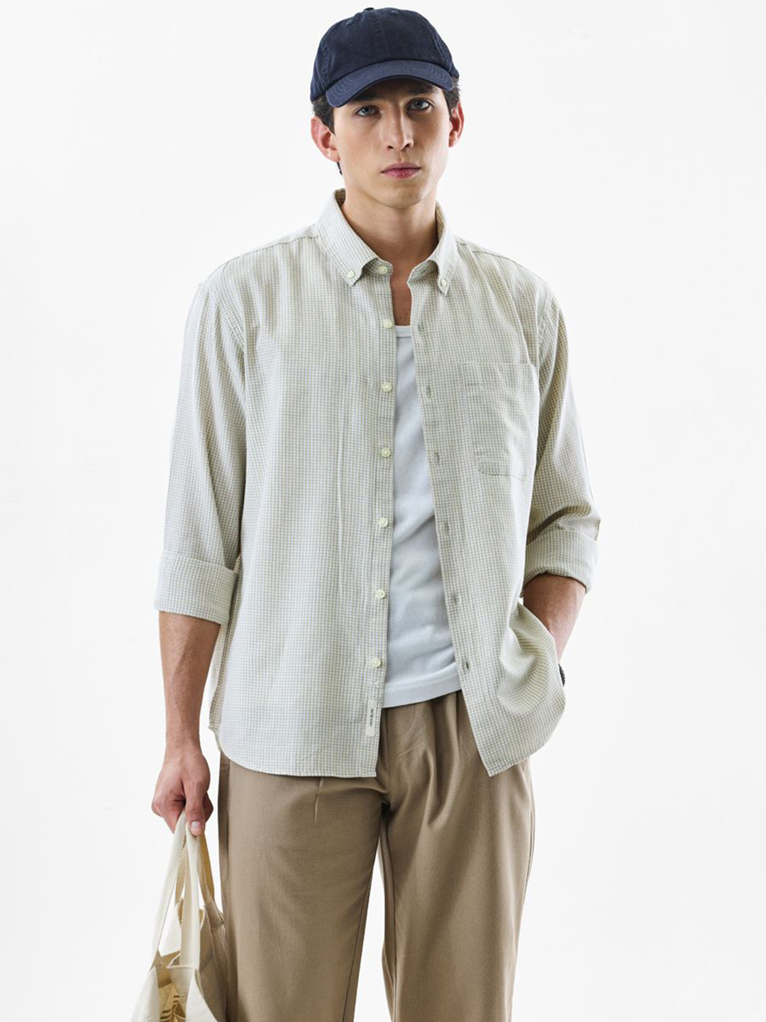 Snitch Micro Checked Button-Down Collar Cotton Linen Shirt