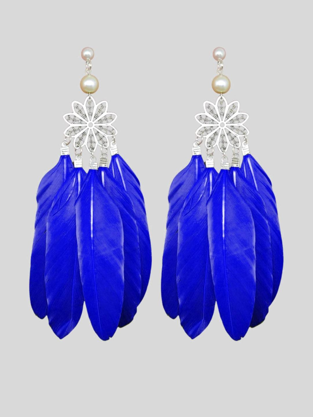 Weariton Women Blue Feather Drop Earrings