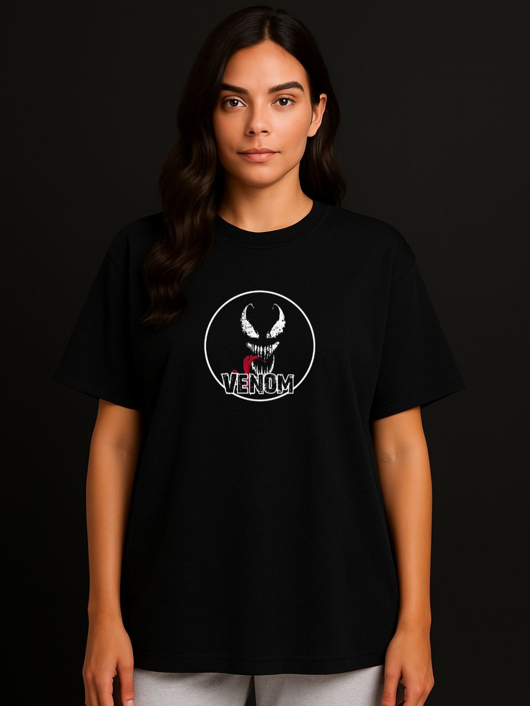 Anikmart Women Venom Dri-FIT Typography Printed Round Neck Cotton Oversized T-shirt