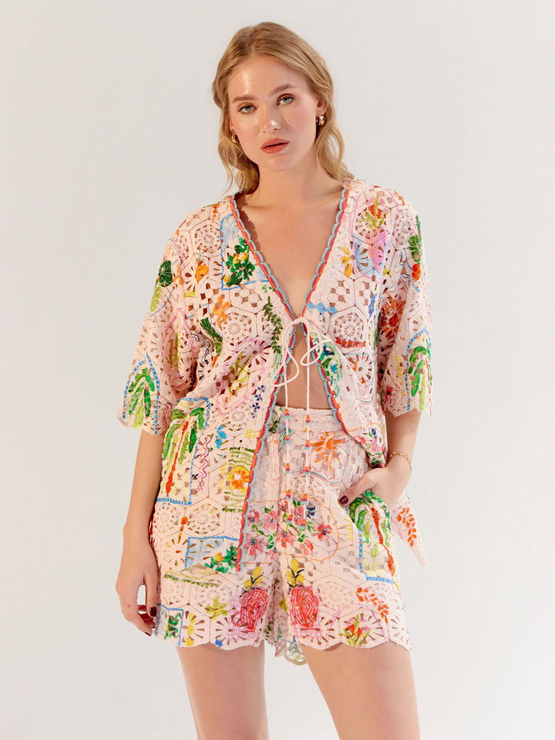 NOIB Anais Postcard Women Floral Print Tie Ups Cotton Crochet Top