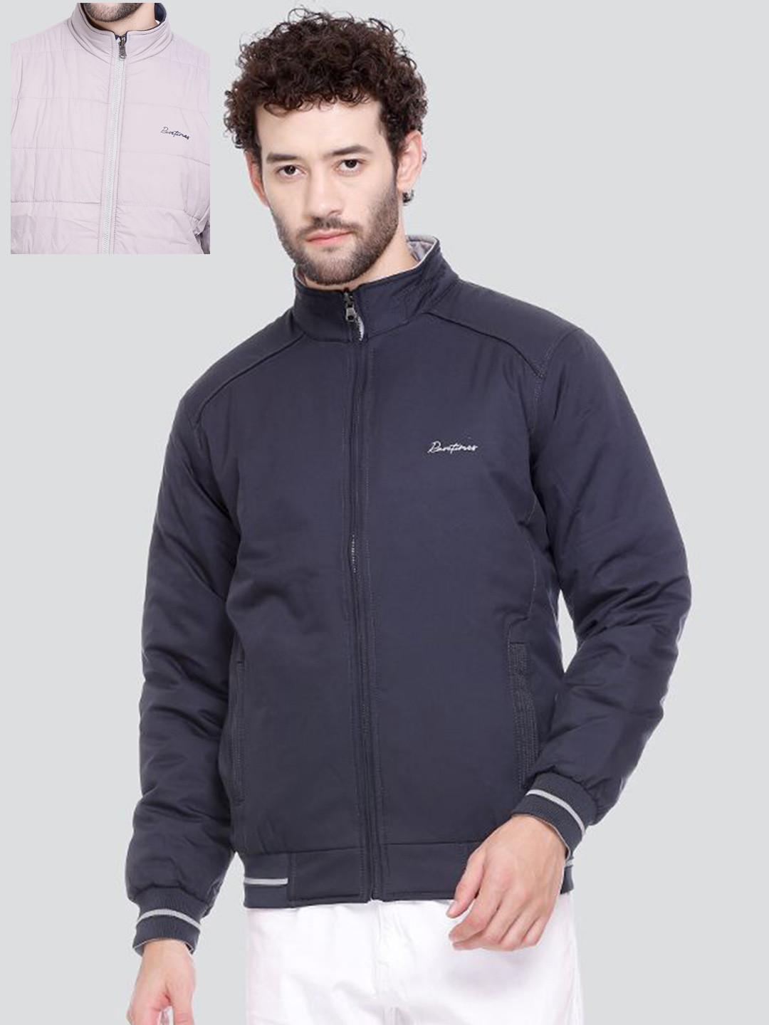 Rare Times Men Stand Collar Solid Lightweight Casual Bomber Jacket