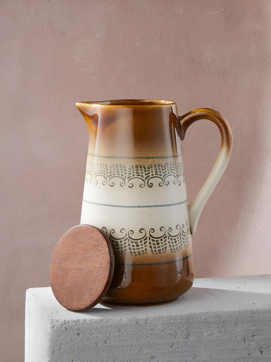 Fabindia Chavi Brown & Cream Ceramic Water Jug With Lid