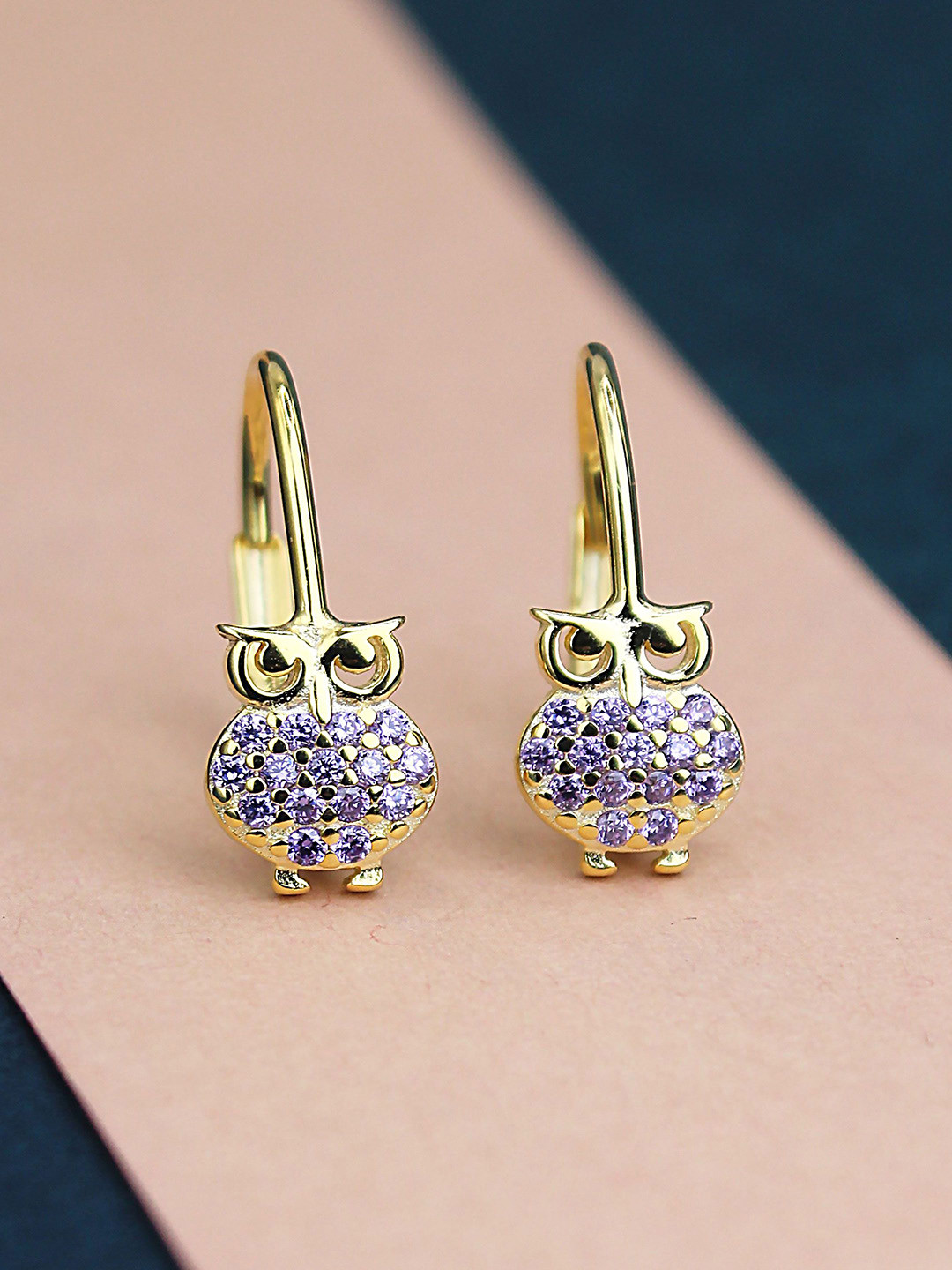 DEVASHREE 925 Sterling Silver Rhodium-Plated CZ Studded Owl Shaped Hoop Earrings