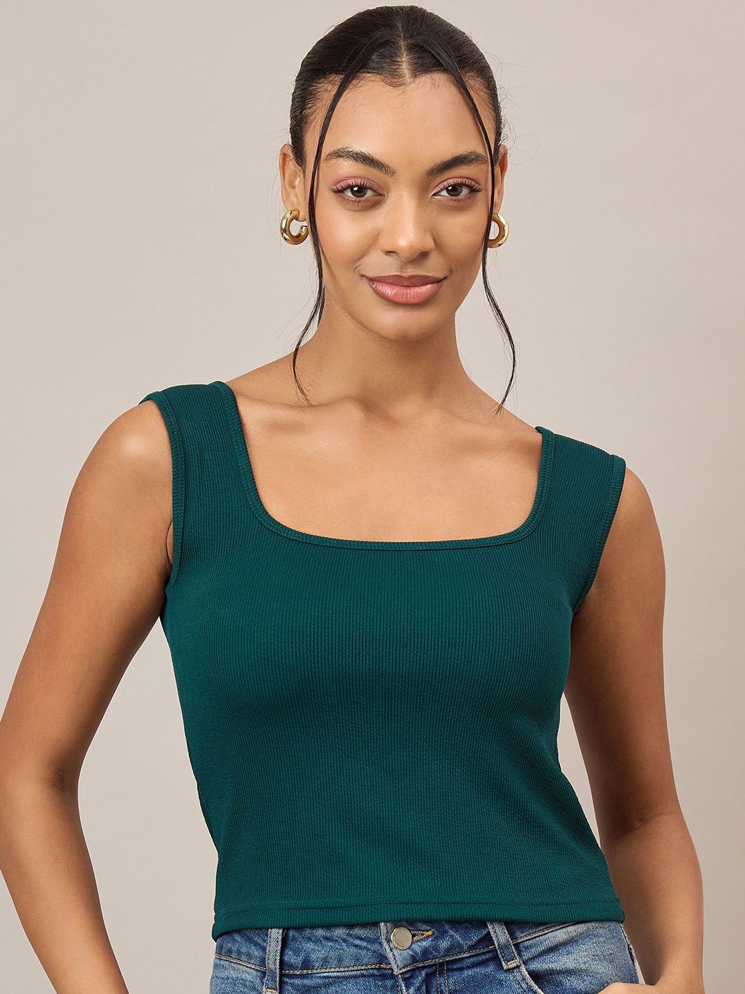 R.Code by The Roadster Life Co. Women Square Neck Fitted Crop Top