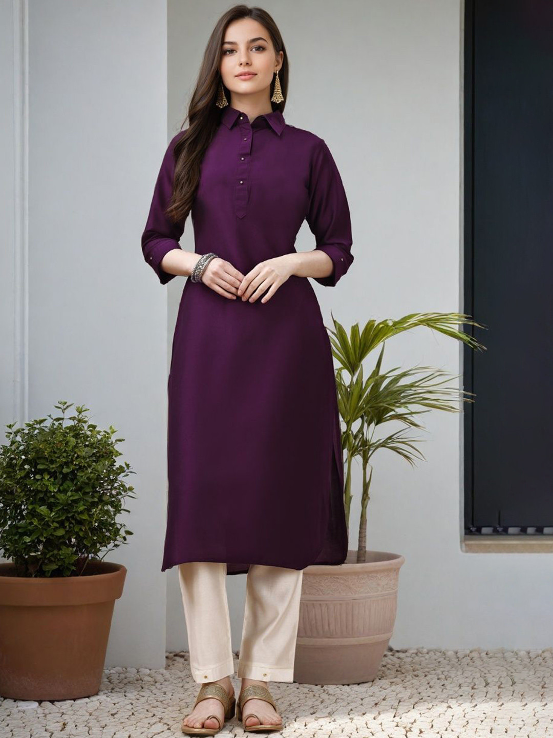 SZN Shirt Collar Beads And Stones Roll-Up Sleeves Silk Straight Kurta