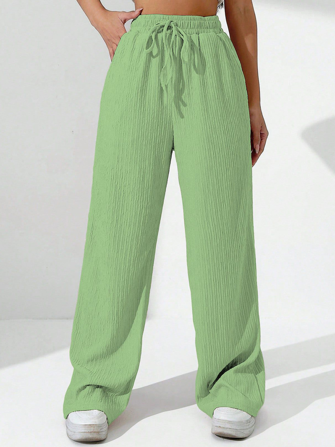 CORSICA Women Textured Relaxed Straight Leg Wrinkle Free Wide Leg Trousers