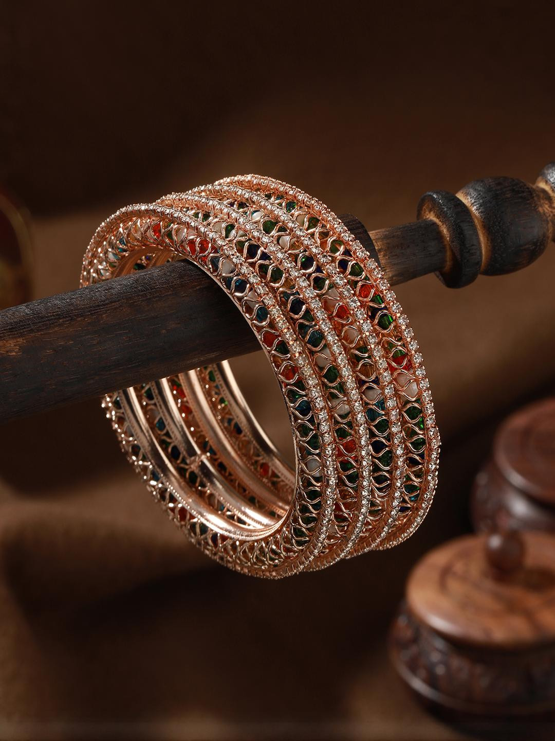 Anouk Set of 4 Rosegold Plated Multicored Stone & Beaded Bangles