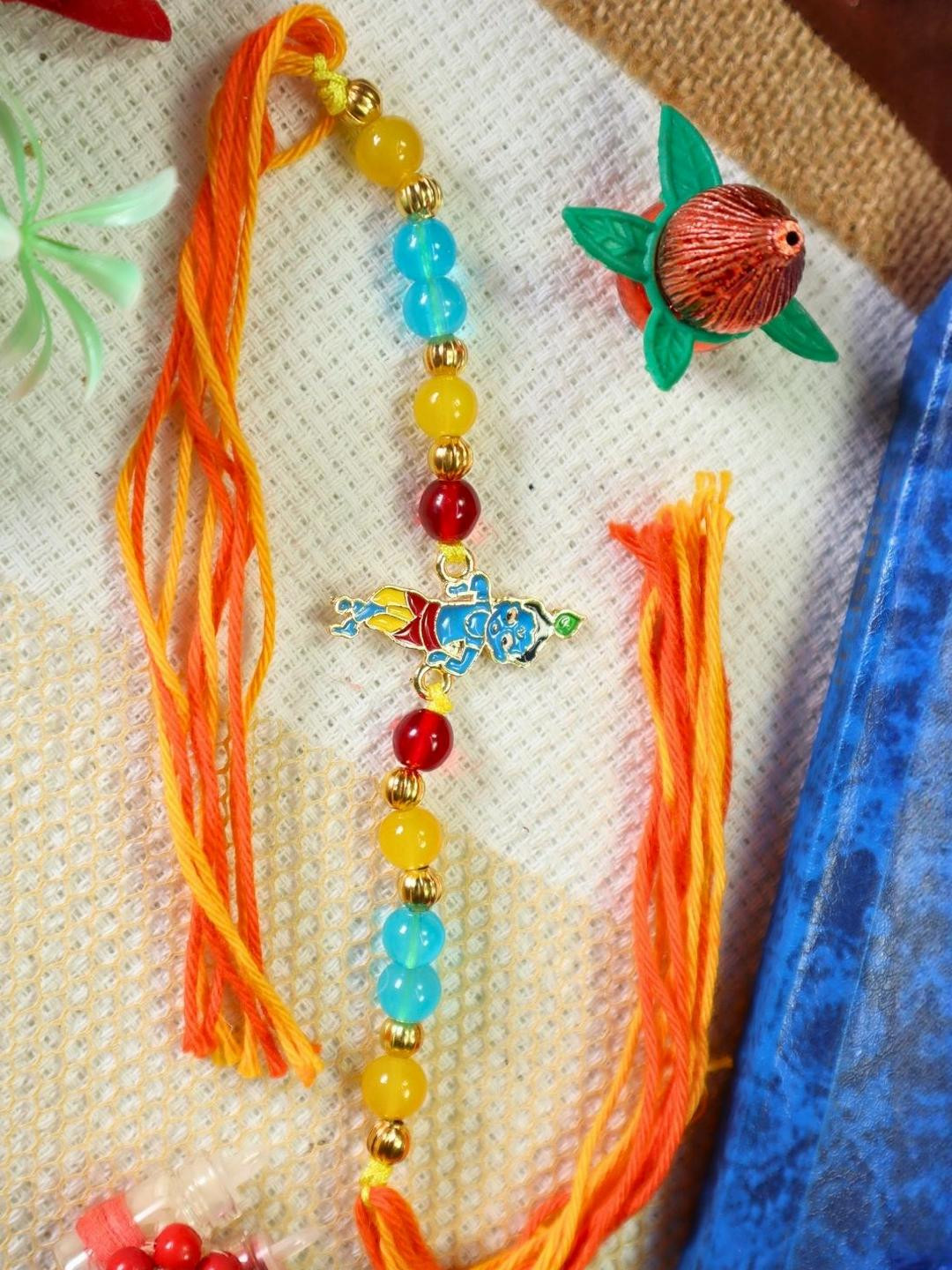 Kamule Unisex Blue And Yellow Krishna Beads Embellished Wraparound Ethnic Rakhi
