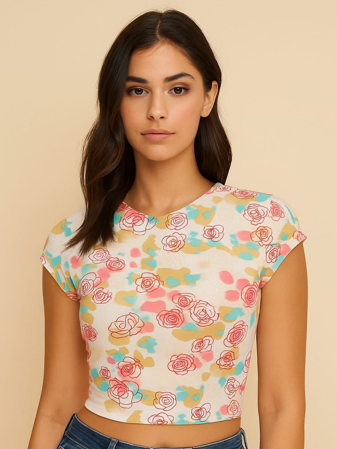 SCORPIUS Women Floral Printed Round Neck Cotton Crop Top