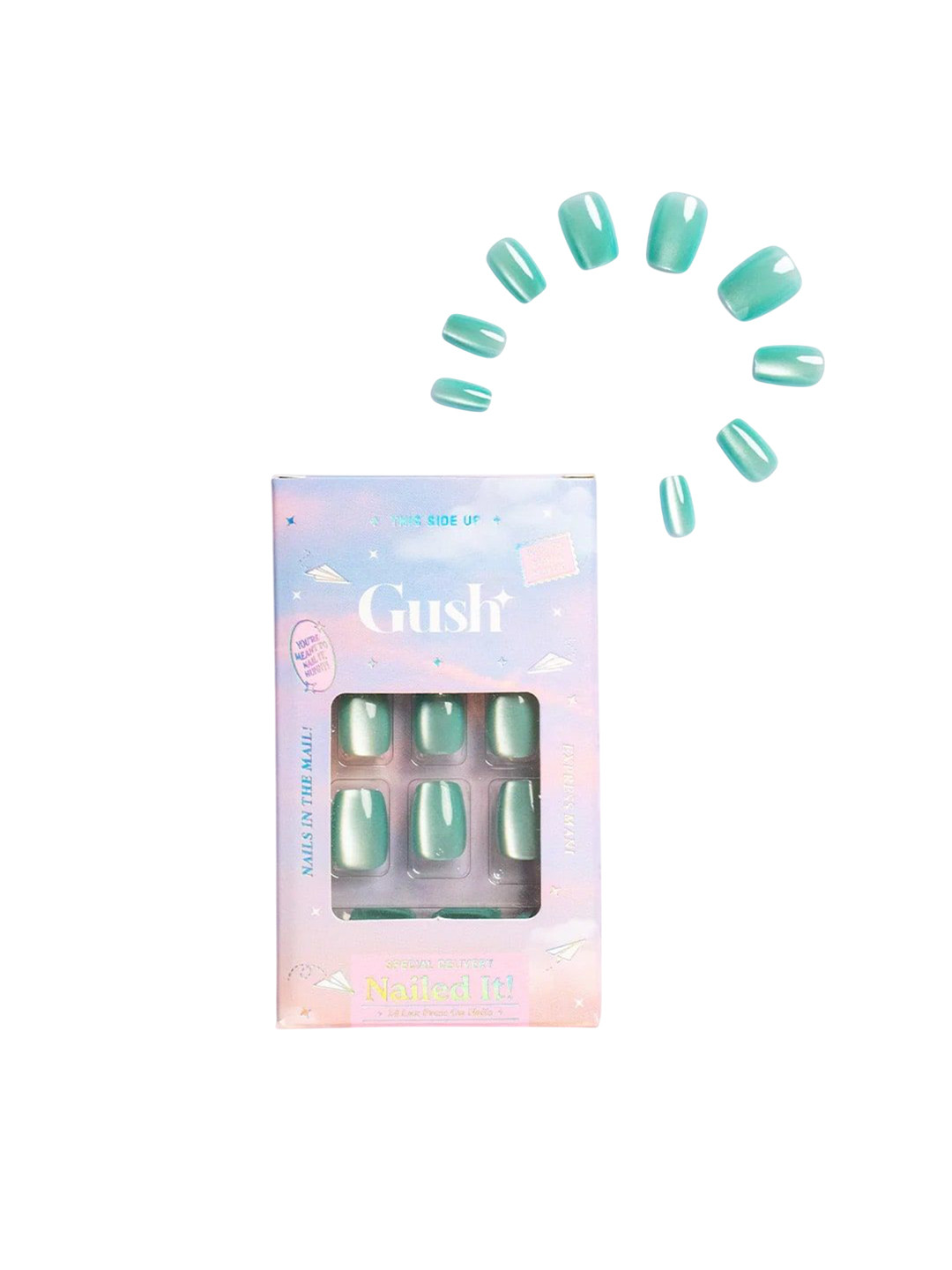 Gush Beauty Set Of 24 Reusable Press On Nails With Application - Blue Taffy Cat Eye