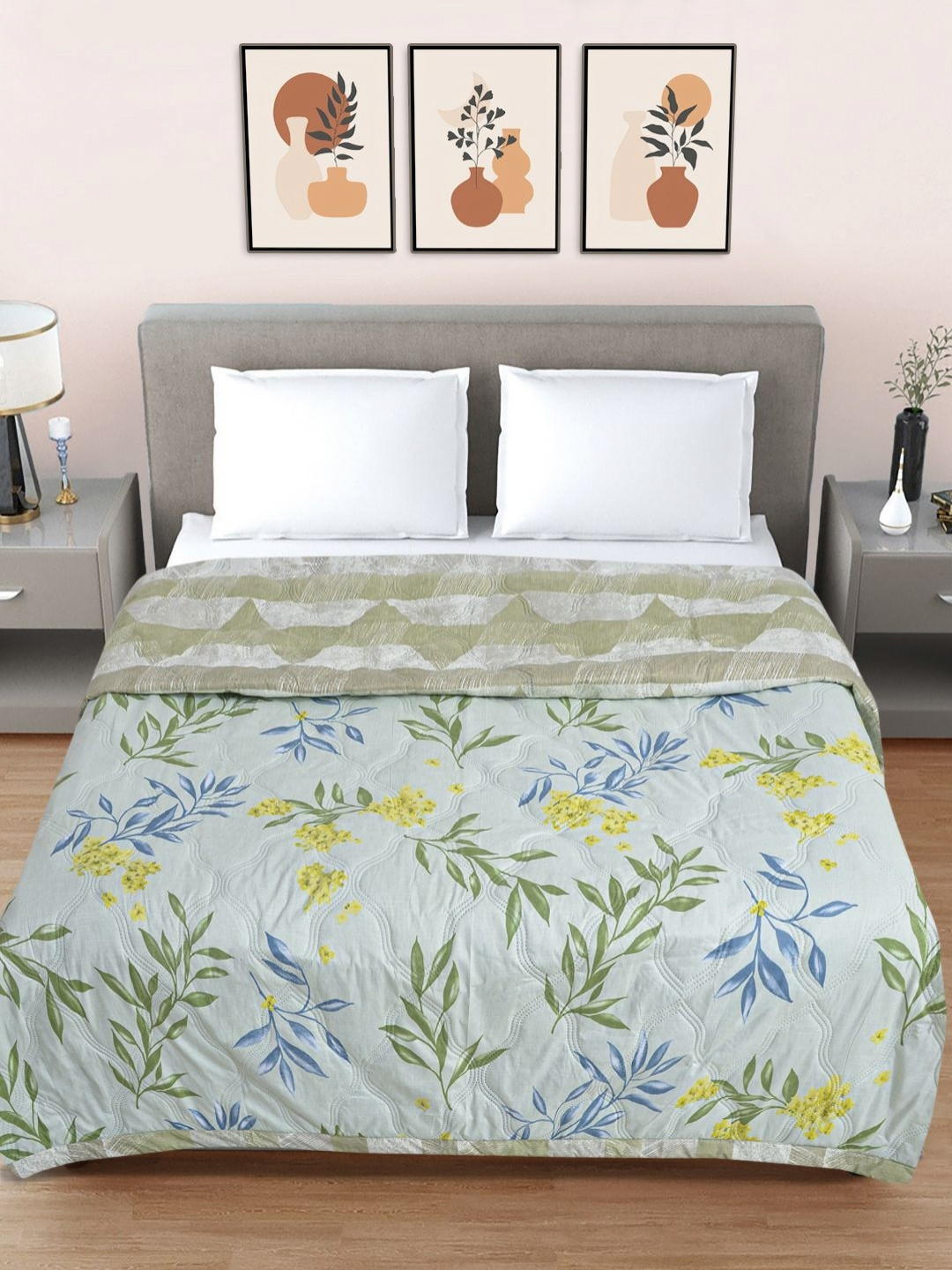 FABINALIV Blue & Green Floral AC Room 350 GSM Double Bed Comforter
