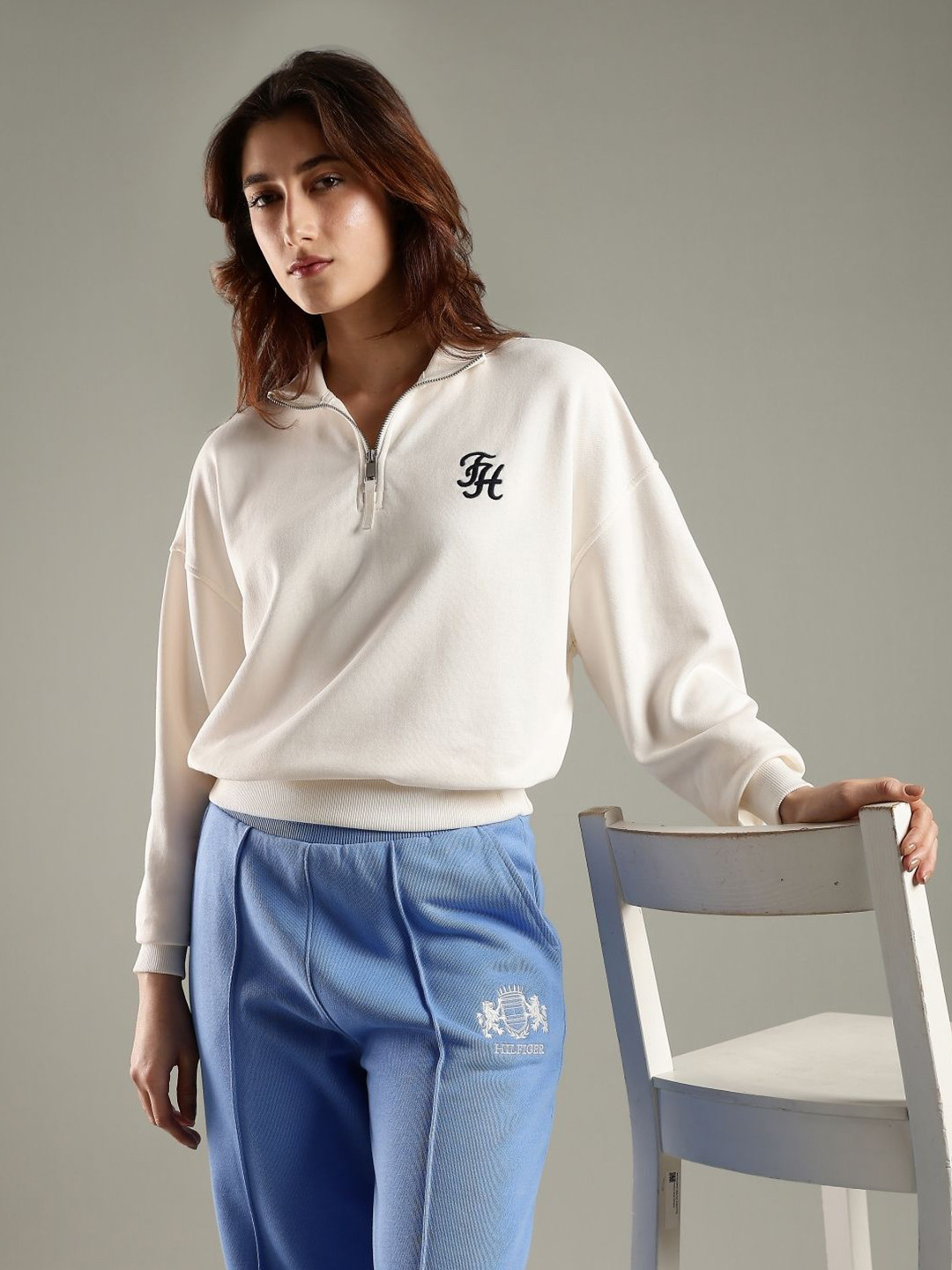 Tommy Hilfiger Women Regular Fit Cotton Half-Zip Neck Sweatshirt