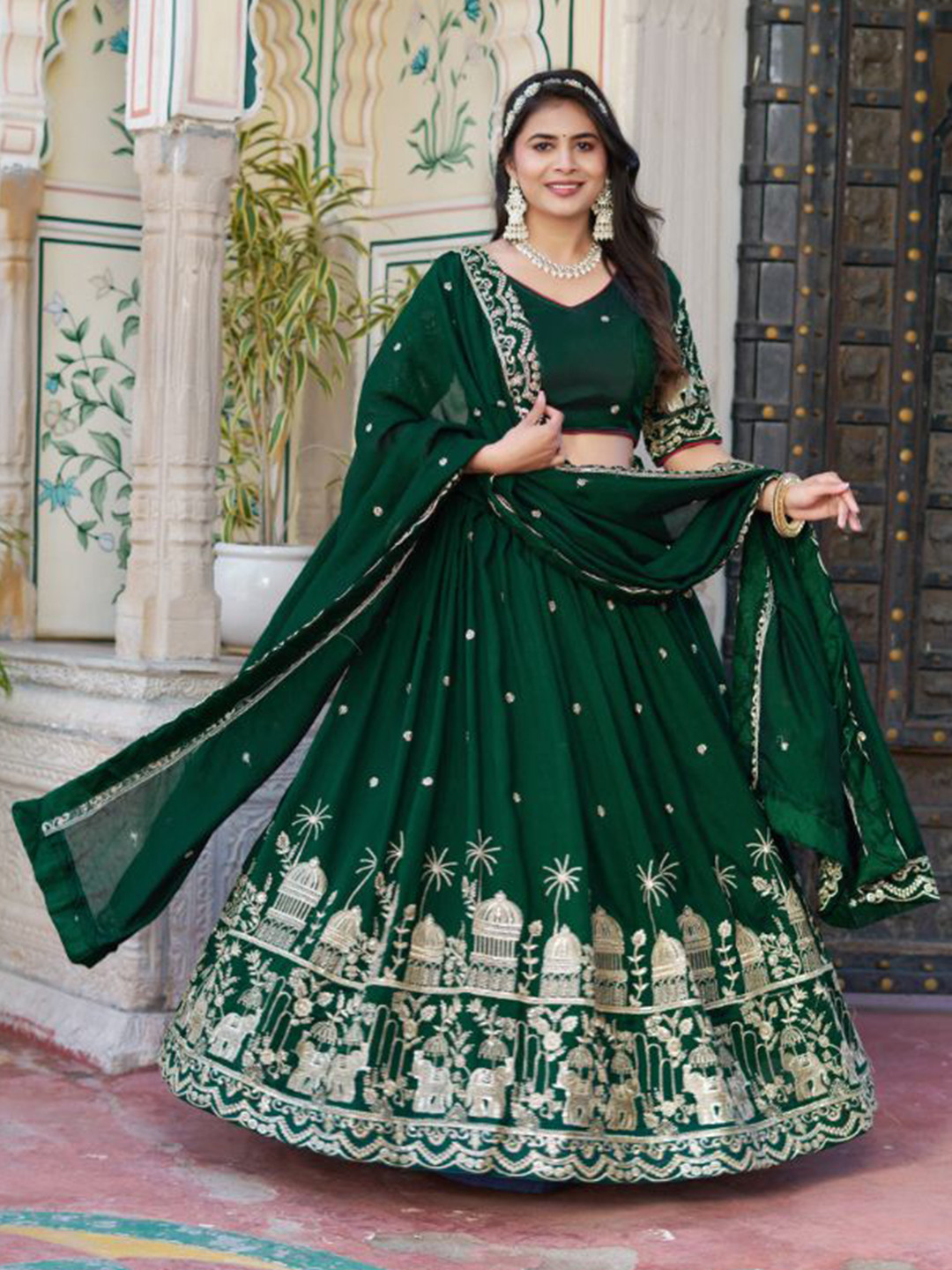 Aavisa Queency Embellished Thread Work Ready to Wear Lehenga & Unstitched Blouse & Dupatta