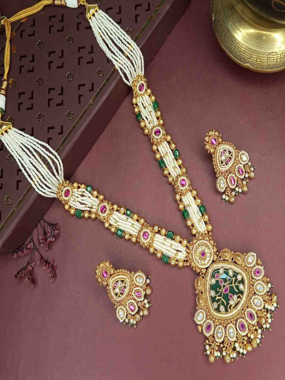IKSAVA Gold-Plated Ruby Studded & Beaded Traditional Temple Design Jewellery Set