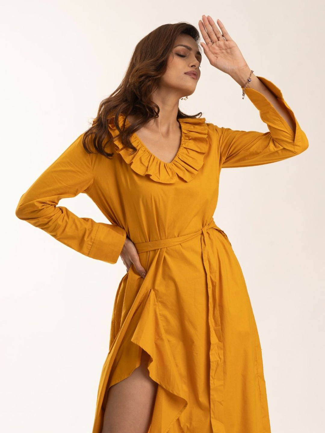 Myclo Women Pure Cotton V-Neck Belted Ruffled A-Line Midi Dress