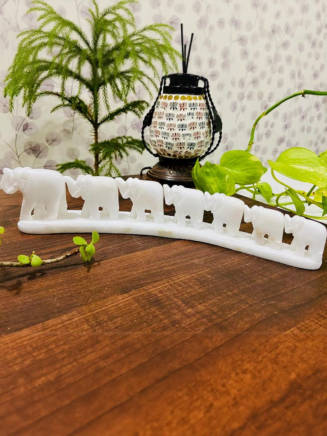 Altaica White Marble Seven Set Elephants Statue In One Line Showpiece