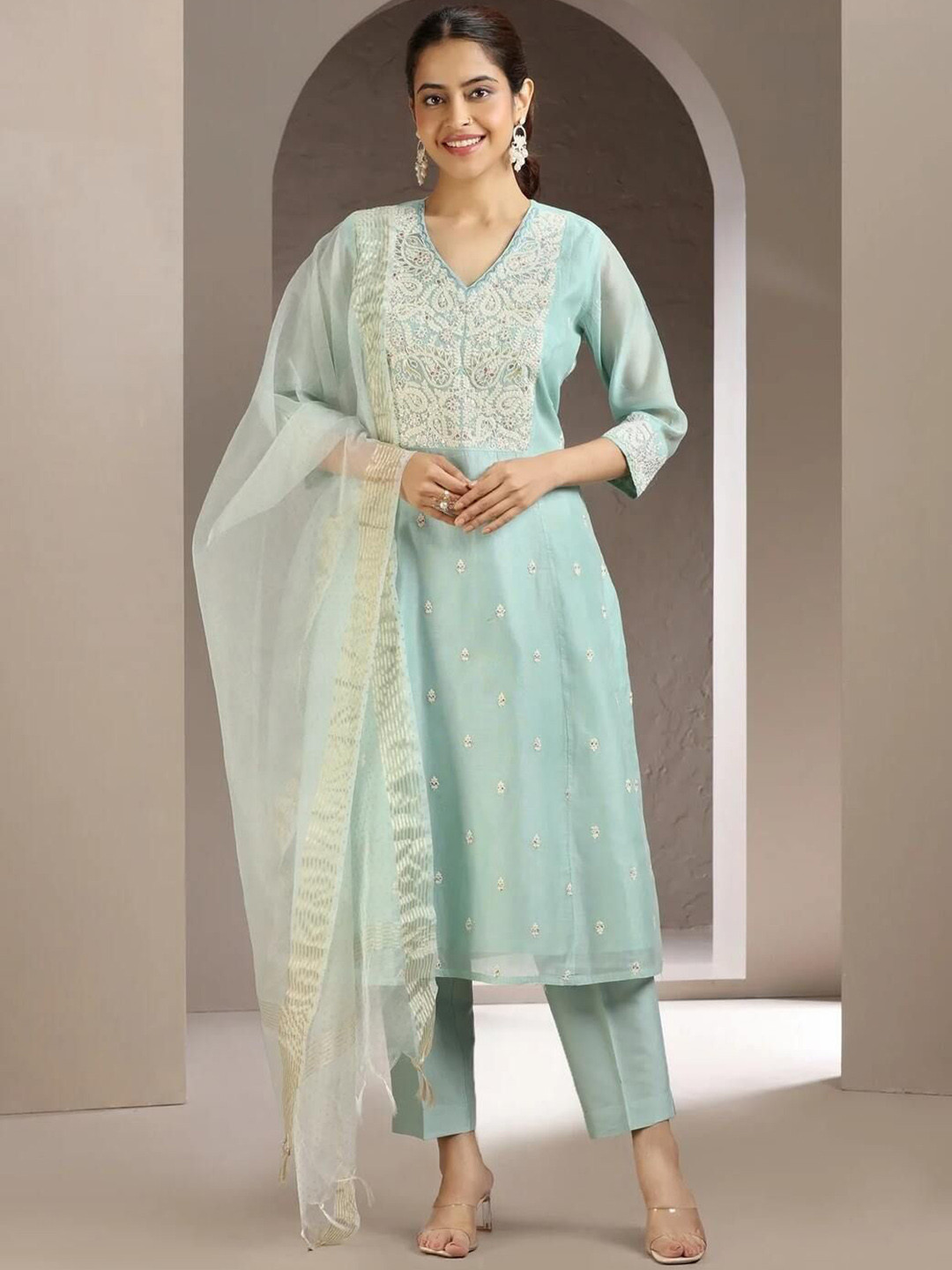 COTTON CULTURE Women Sky Blue Chanderi Paisley Embroidered Kurta Pant and Dupatta Set