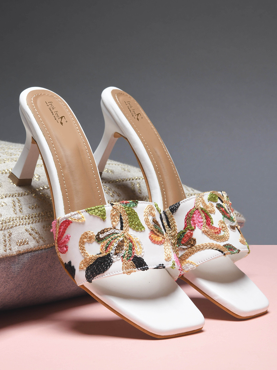 Froh Feet Women Embroidered Party Kitten Heel Sandals With Western - Embellished