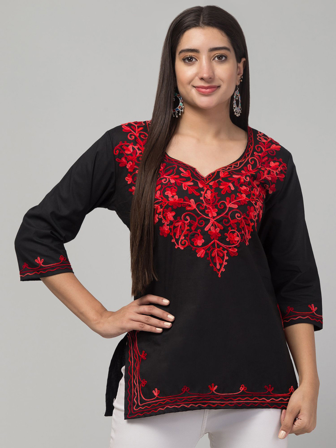 ILMA CREATION Floral Yoke Design Notch Neck Chikankari Pure Cotton Straight Kurti