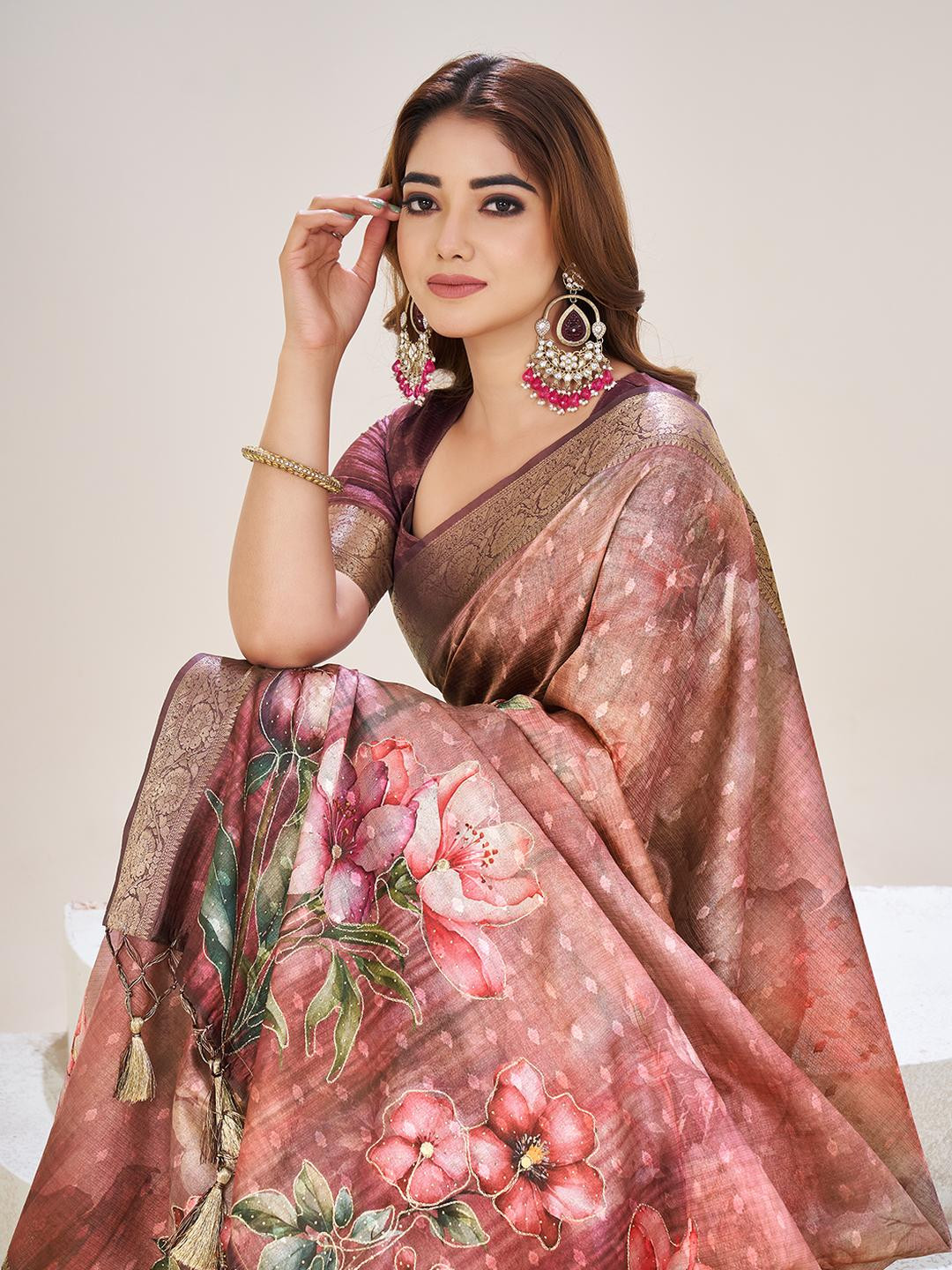 Tasrika Red Cotton silk floral digital printed mokaish work embellished sari