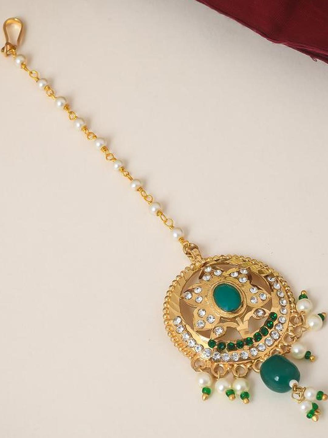 flying beads Gold-Plated Artificial Stones and Beads Studded Maang Tikka