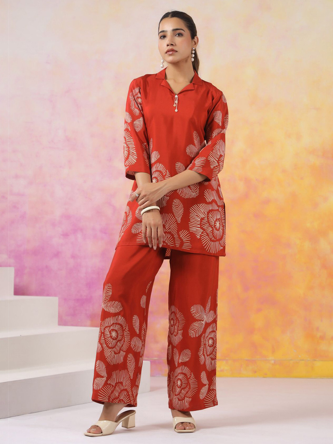 JISORA Printed Shirt Collar Russian Silk Tunic With Palazzo Co-Ords