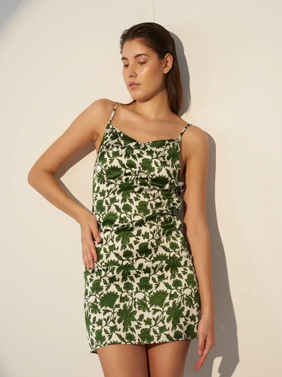 Myclo WARM BEAUTY Ethnic Motifs Printed Cowl Neck Satin Sheath Mini Dress