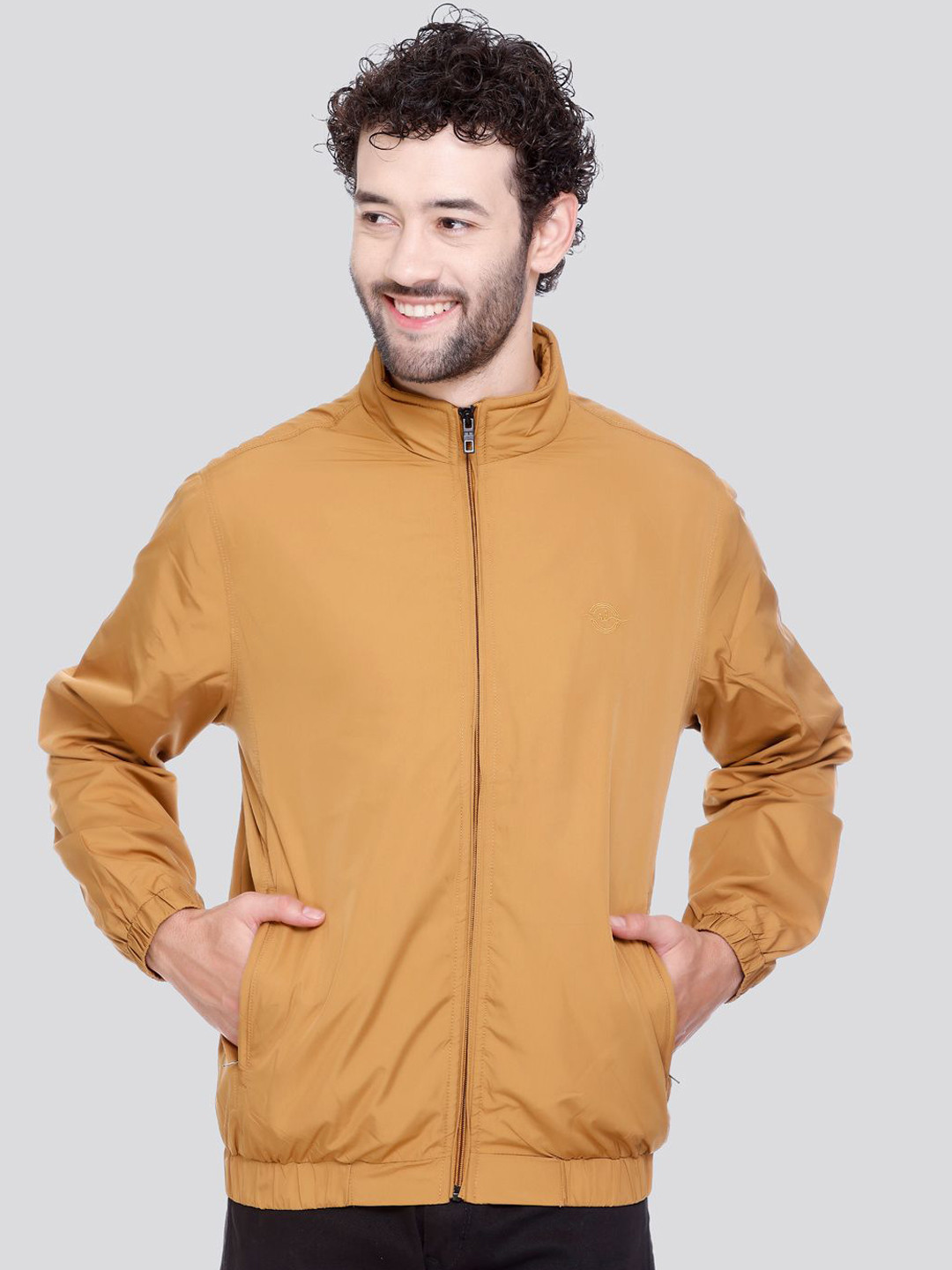 Rare Times Men Stand Collar Solid Lightweight Casual Bomber Jacket
