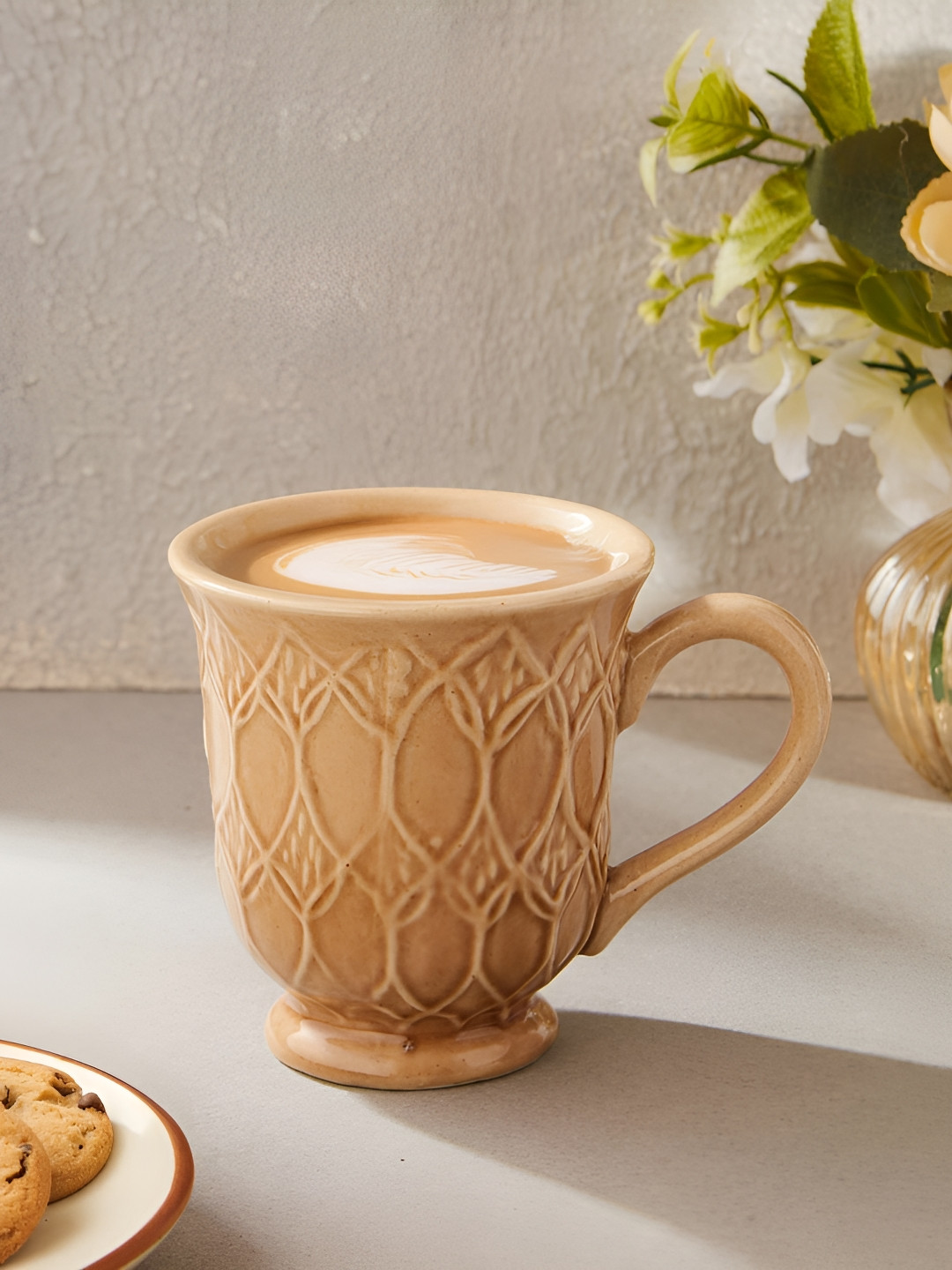 Fabindia Aisha Beige Floral Textured Ceramic Mug 300ml