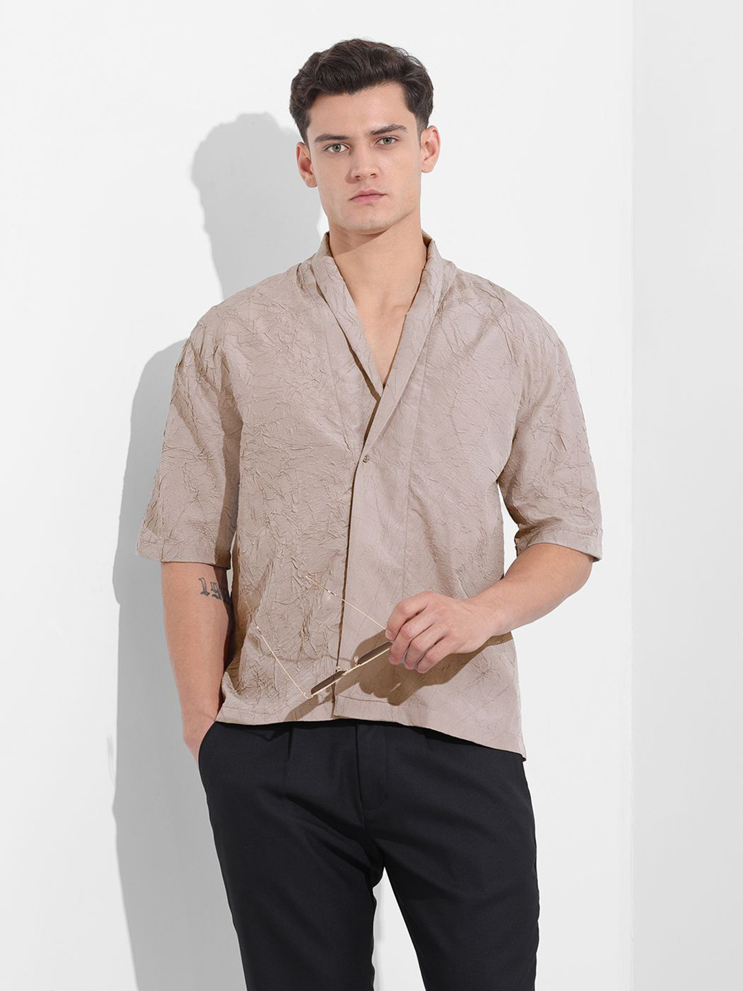 The Indian Garage Co Textured Mandarin Collar Relaxed Fit Shirt