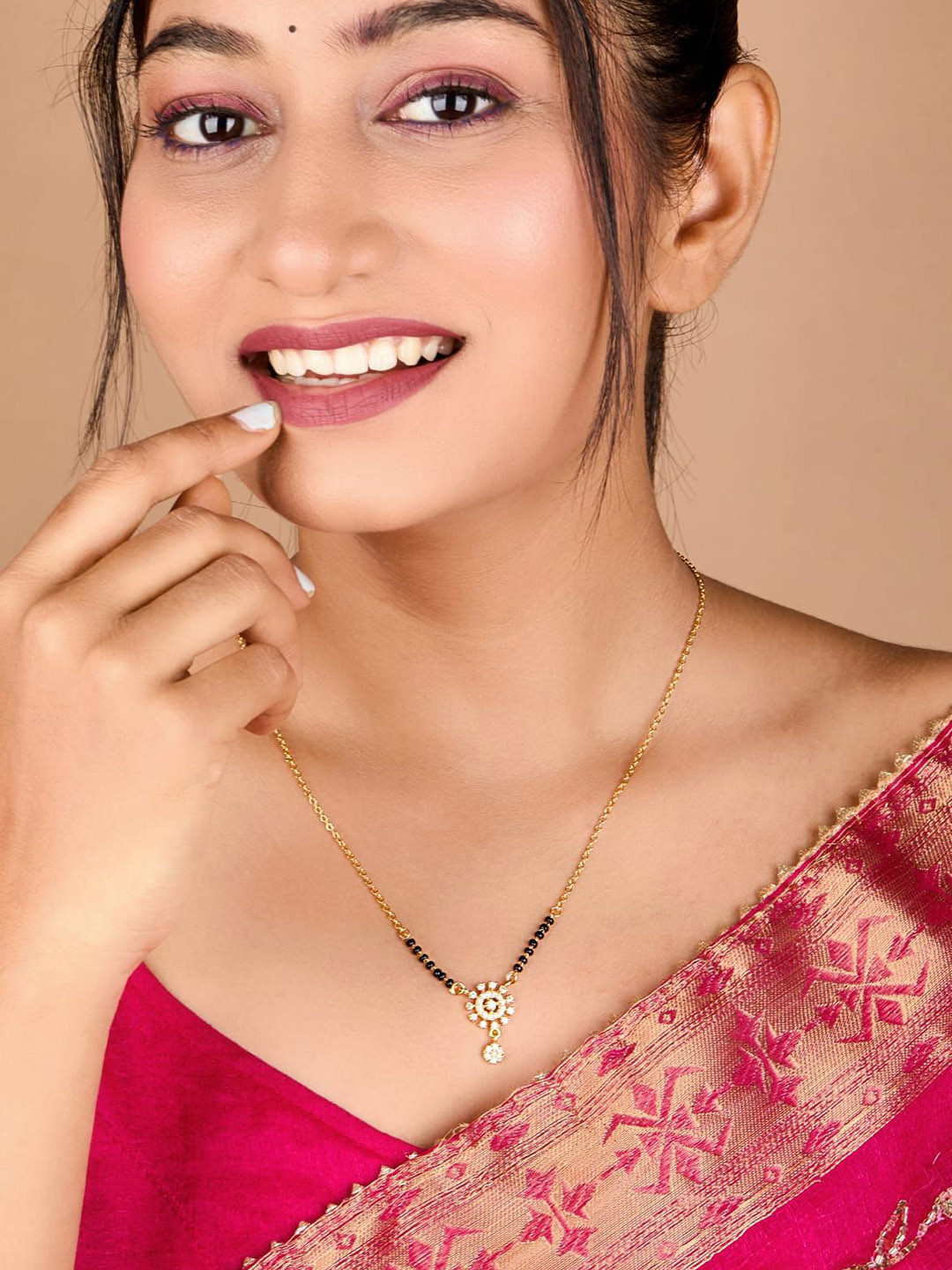 TKRB SALES Gold-Plated American Diamond Studded & Beaded Mangalsutra