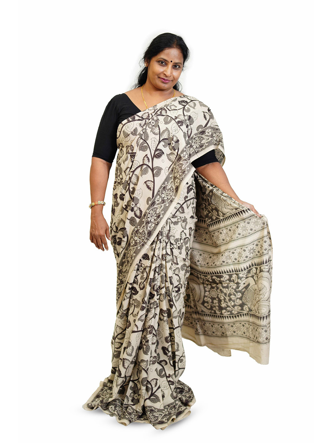SR HANDLOOMS AND TEXTILES Kalamkari Printed Pure Cotton Saree With Blouse