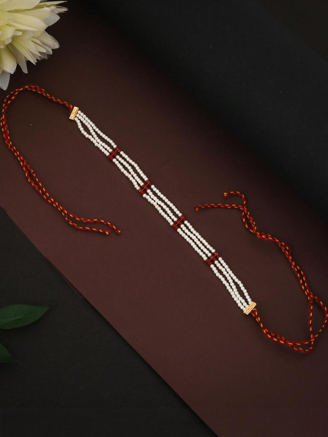 flying beads Women Red And White Beaded Studded Rajasthani Matha Patti Head Jewellery