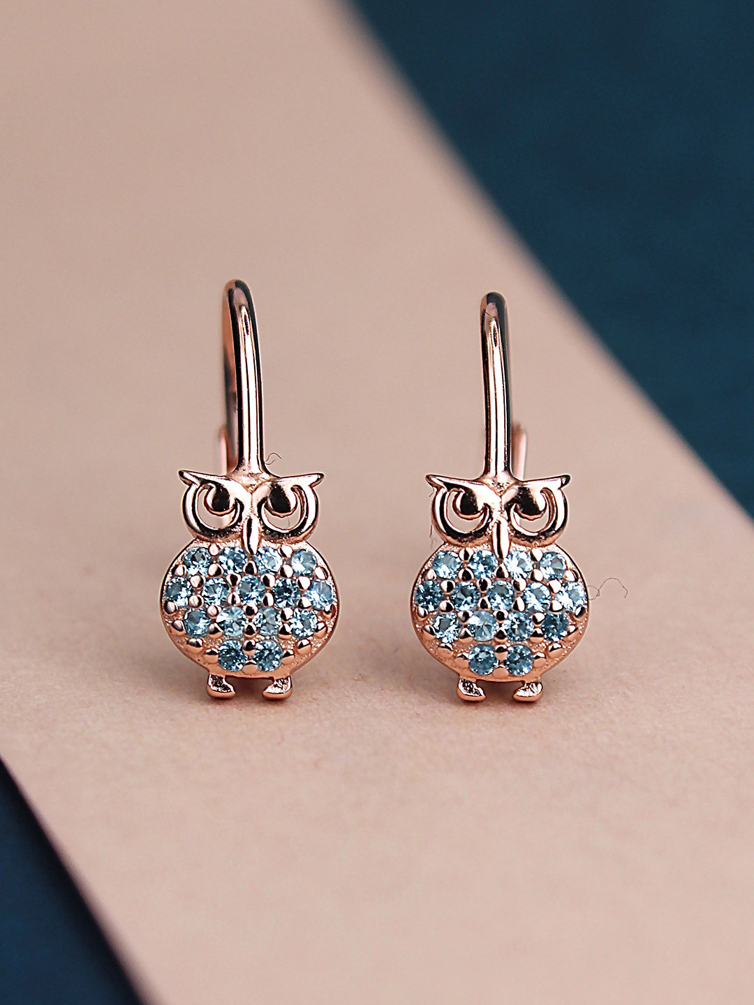 DEVASHREE 925 Sterling Silver Rhodium-Plated Cubic Zirconia Studded Owl Hoop Earrings