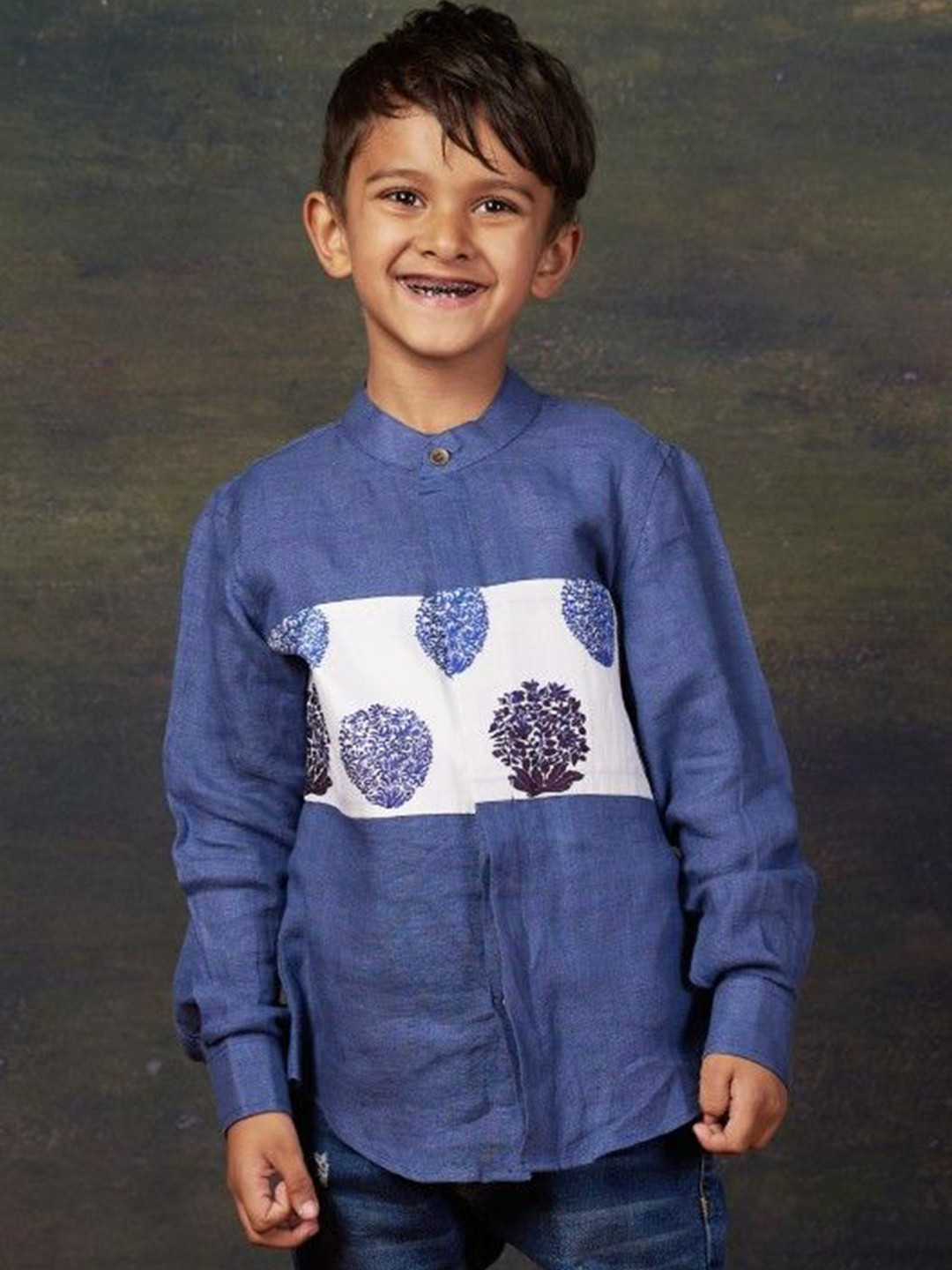 THETAA Boys Relaxed Fit Floral Printed Mandarin Collar Linen Casual Shirt