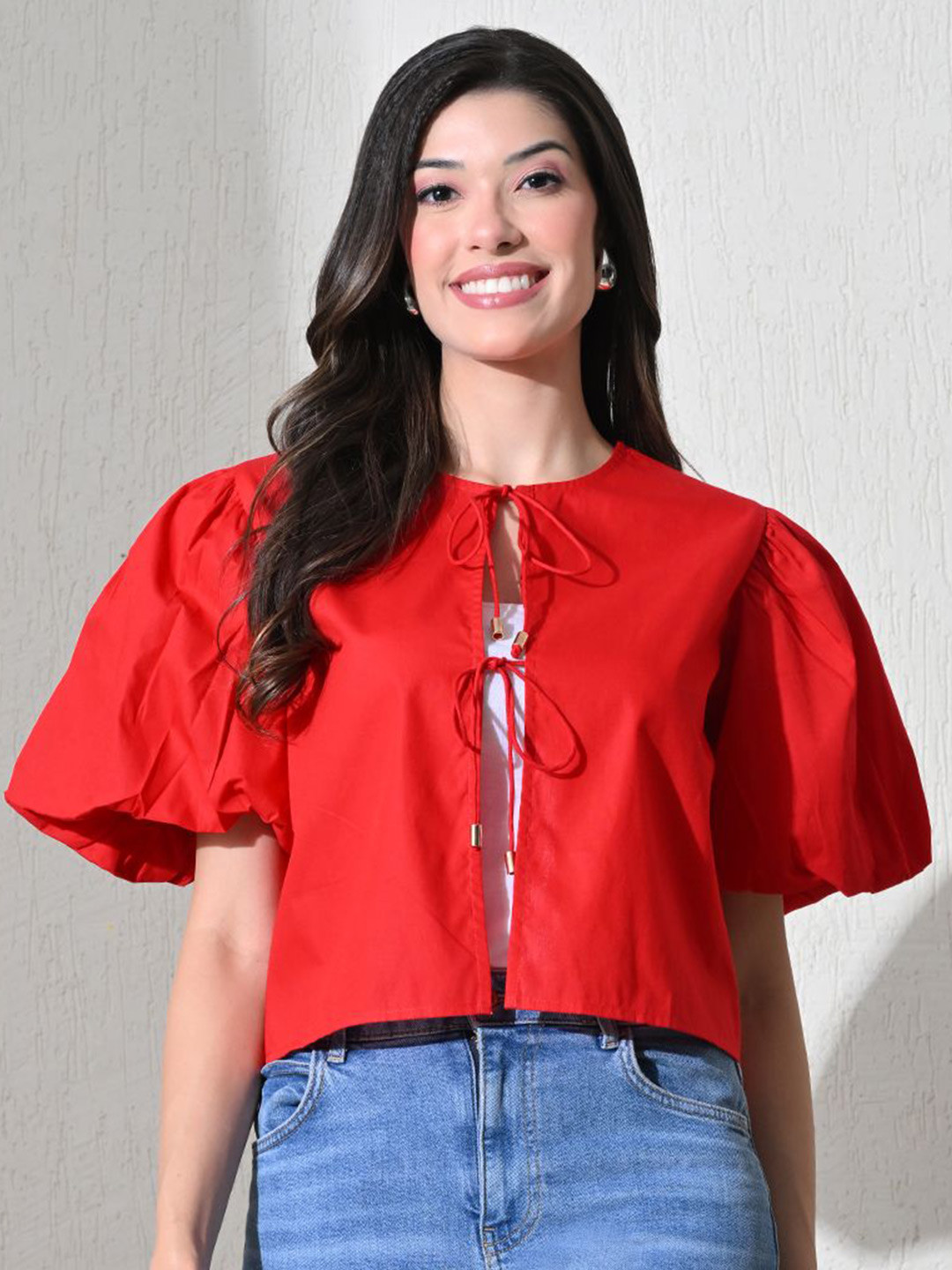 Ikonic klaer Women Solid Tie-Up Neck Puff Sleeve Cotton Boxy Regular Top