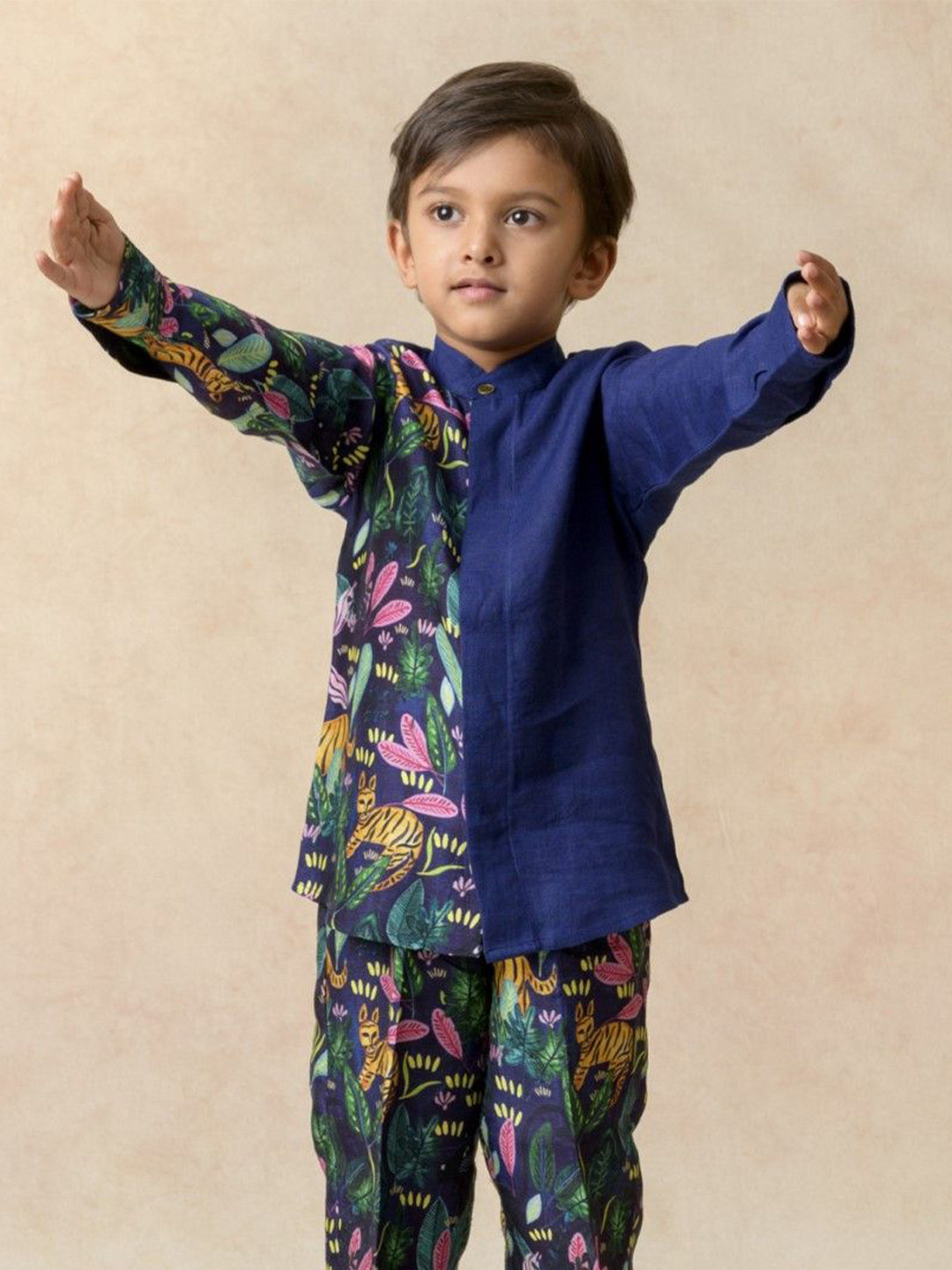 THETAA Boys Relaxed Fit Floral Printed Mandarin Collar Silk Casual Shirt