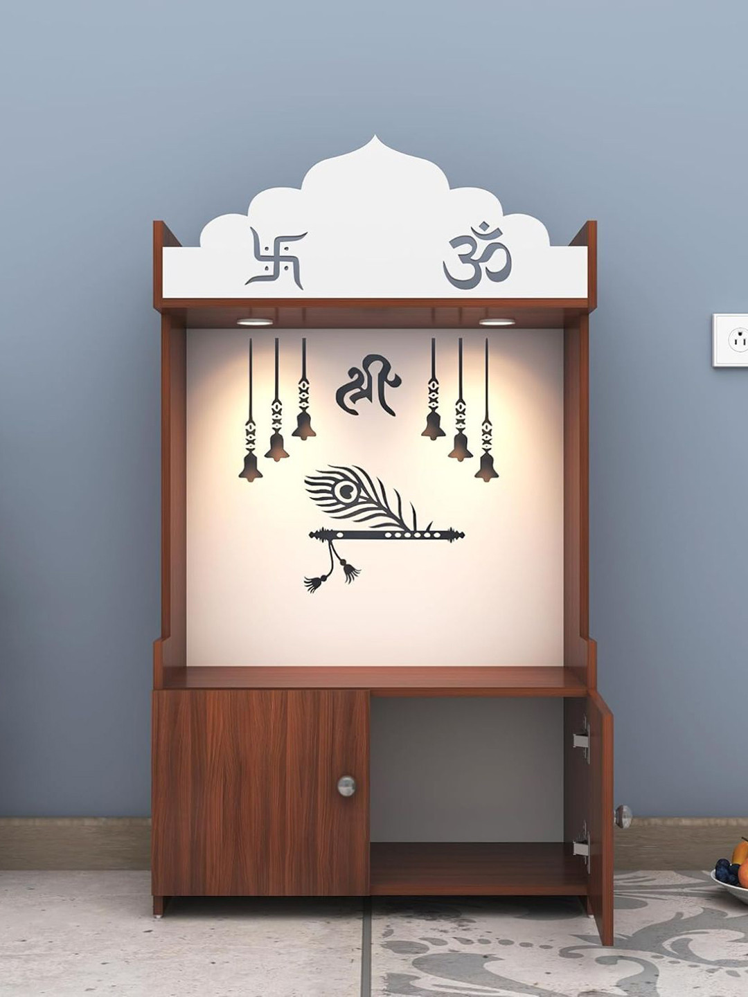 ANIKAA Brown & White Engineered Wooden LED Light Home Temple