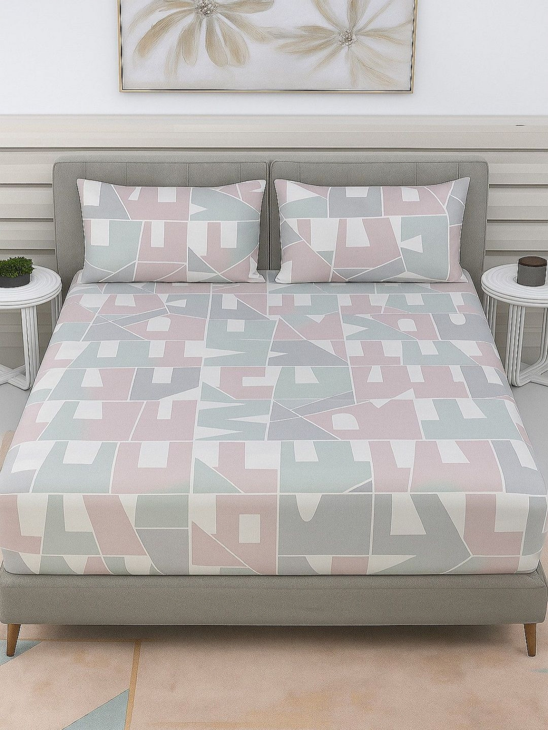RRC Pink & Beige Graphic Pure Cotton 300 TC Double King Bedsheet Set-2.74 m X 2.74 m