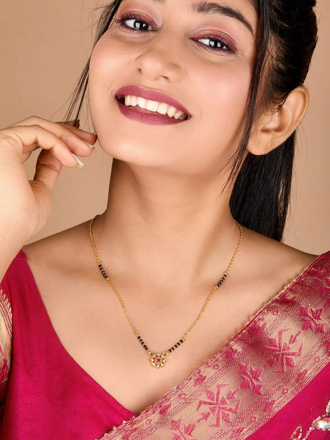 TKRB SALES Gold-Plated American Diamond Studded & Beaded Mangalsutra