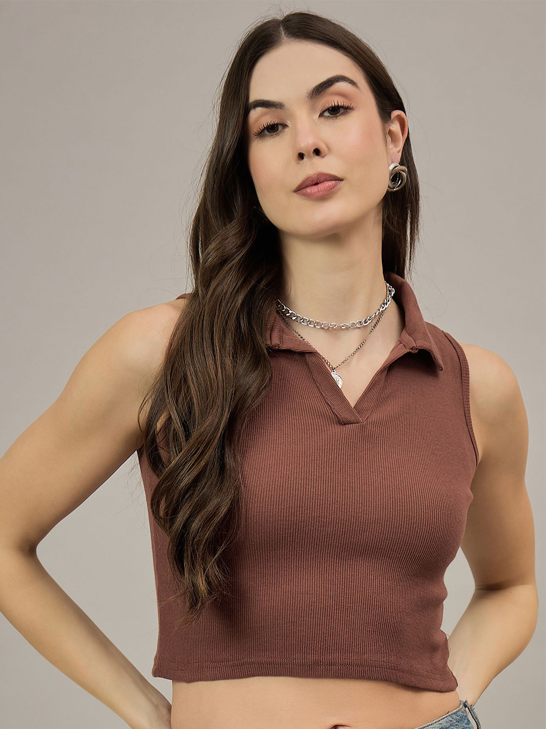 R.Code by The Roadster Life Co. Women Ribbed Shirt Collar Fitted Crop Top