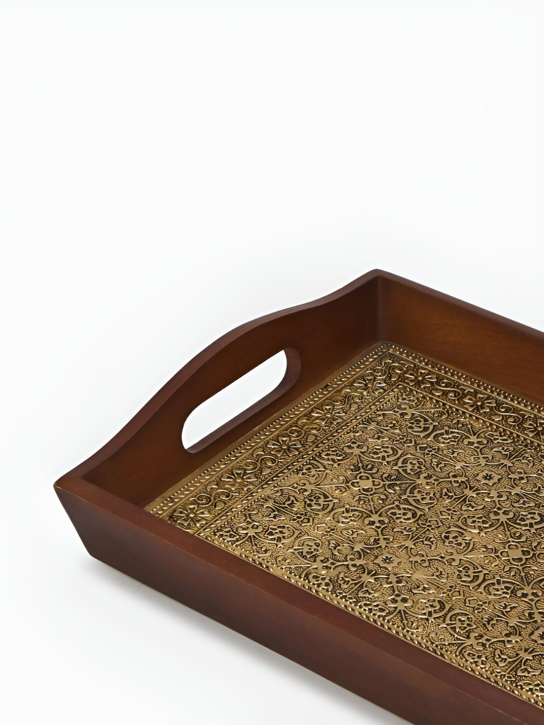 Fabindia Zareen Brown & Gold-Toned Textured Wooden Serving Tray