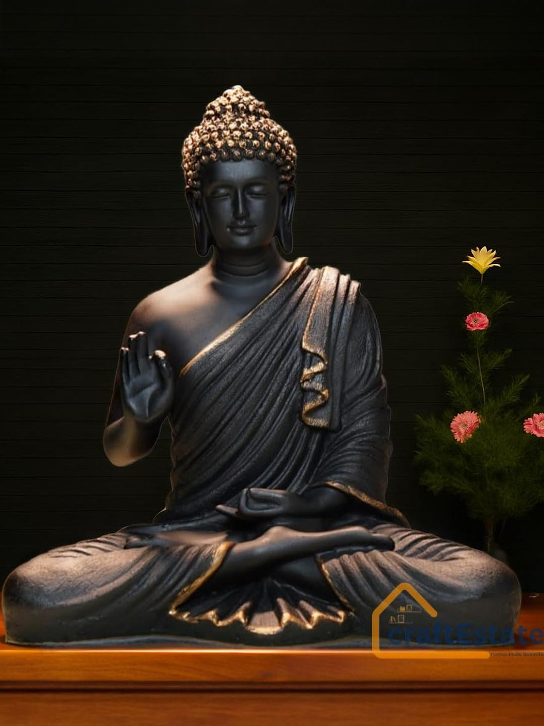 CraftEstate 2 Feet Tall Black Gold Outlined Buddha Statue Showpiece