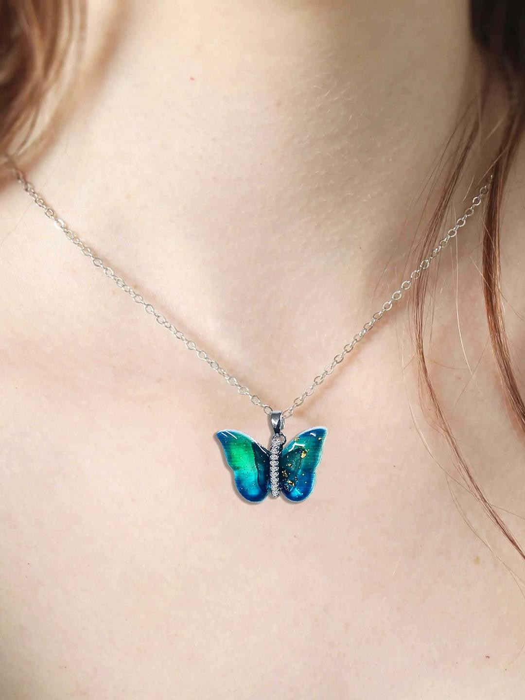 Airtick Blue Colorful AD Nug Butterfly Wing Pendant Locket Necklace With Clavicle Chain