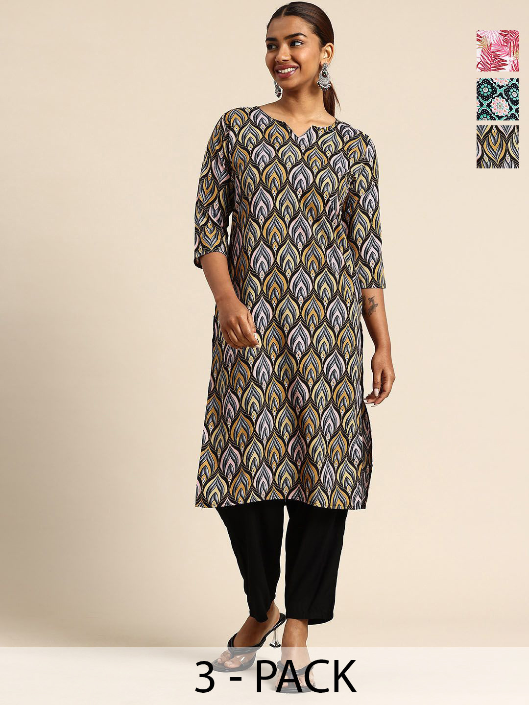 KETAKI FASHION Women Pack Of 3 Floral Printed Round Neck Crepe Kurta