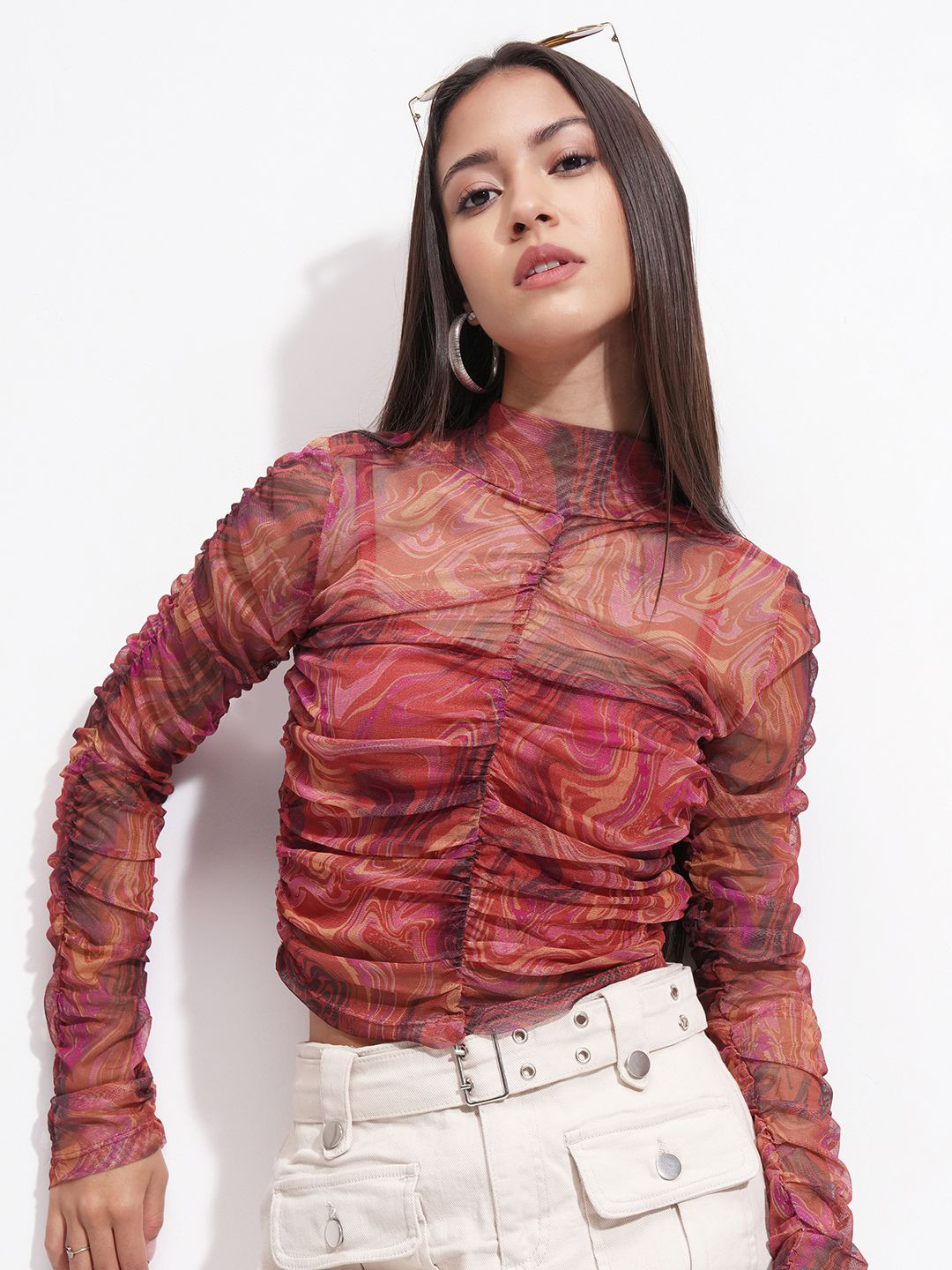 Tokyo Talkies Women Printed High Neck Ruched Fitted Crop Top