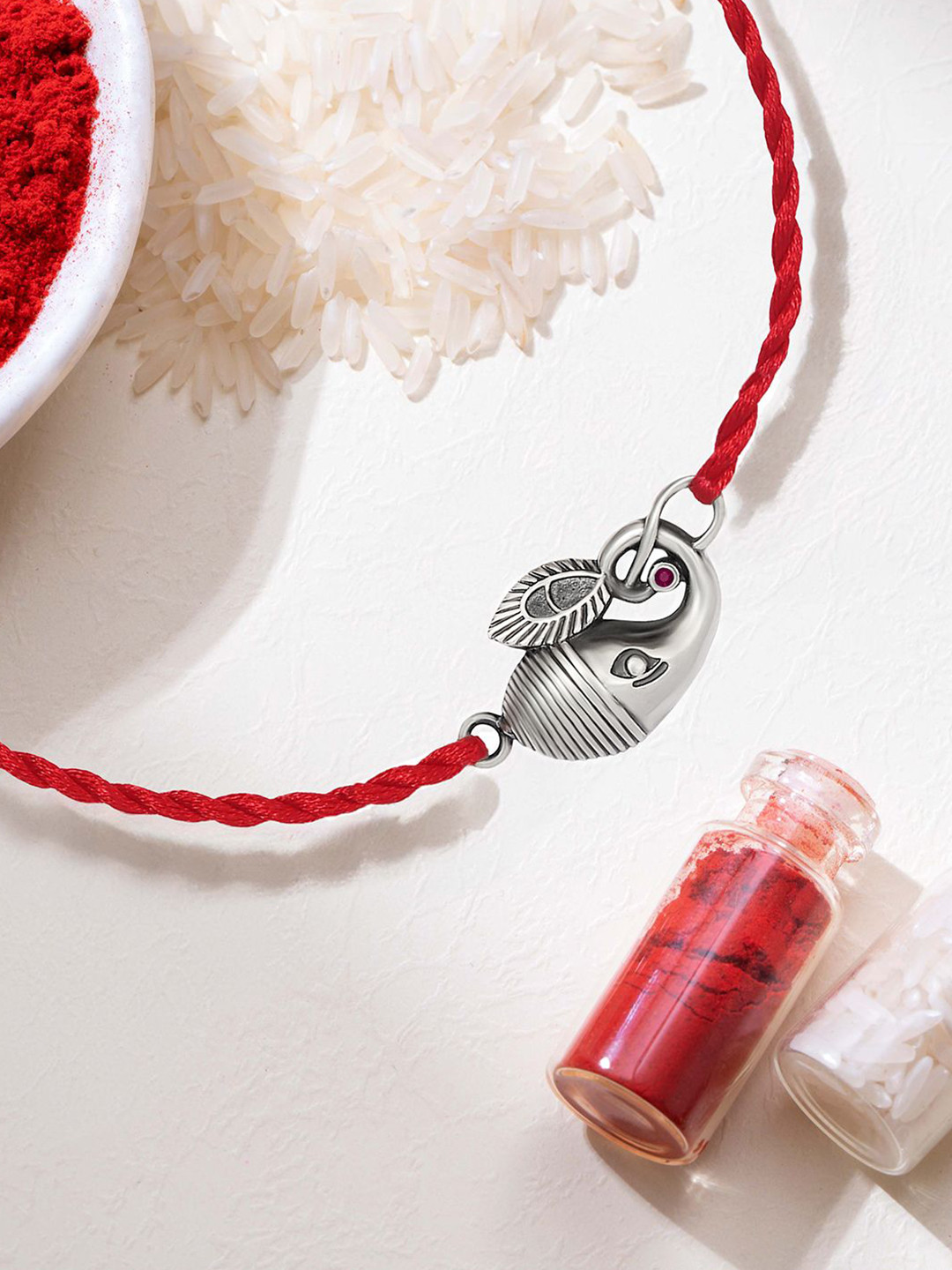 Zavya 925 Pure Silver Ganesh Thread Rakhi With Roli Chawal