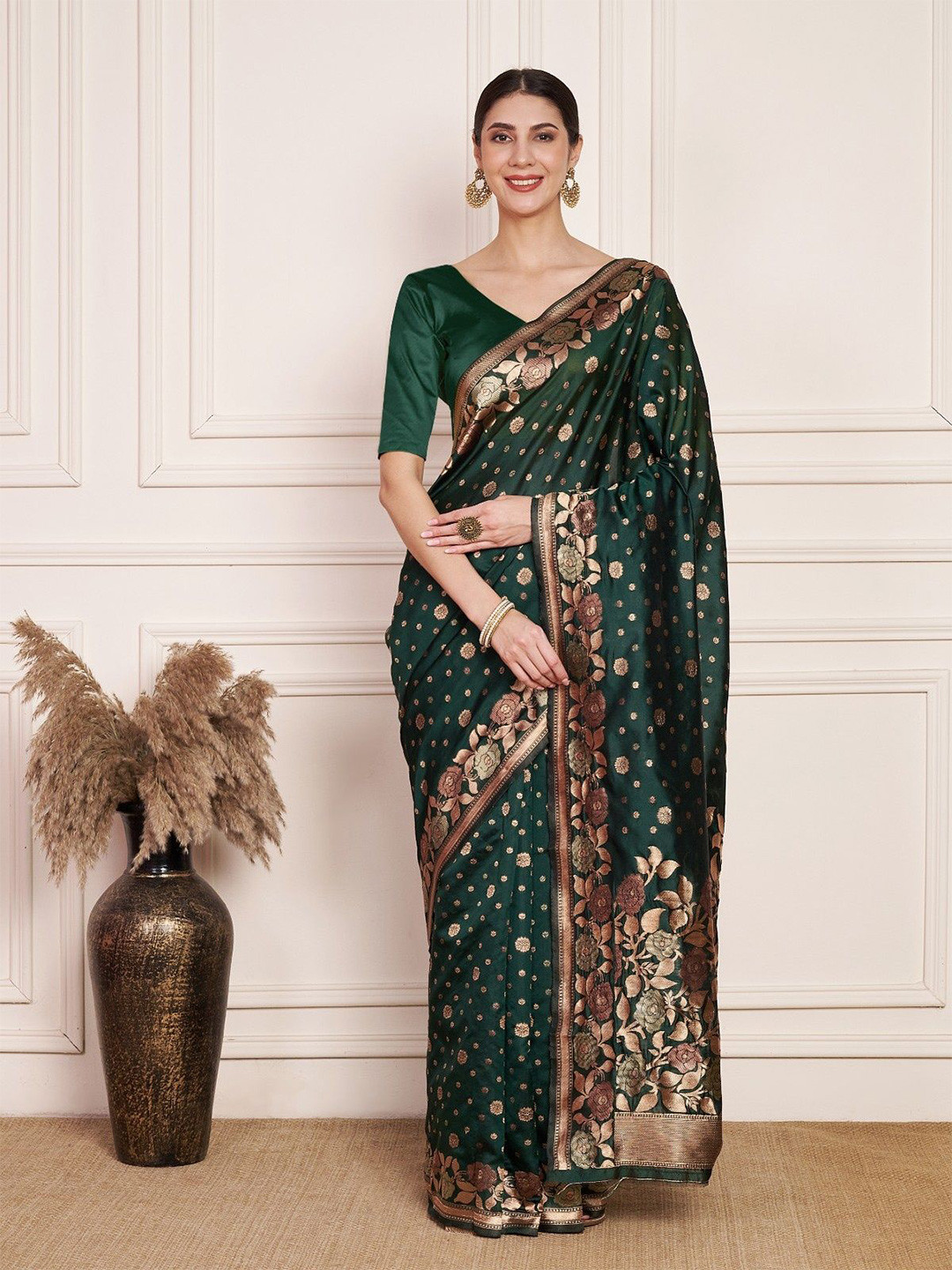 Moda Rapido EThnic Motifs Woven Design Zari Kanjivaram Silk Saree with Blouse Piece