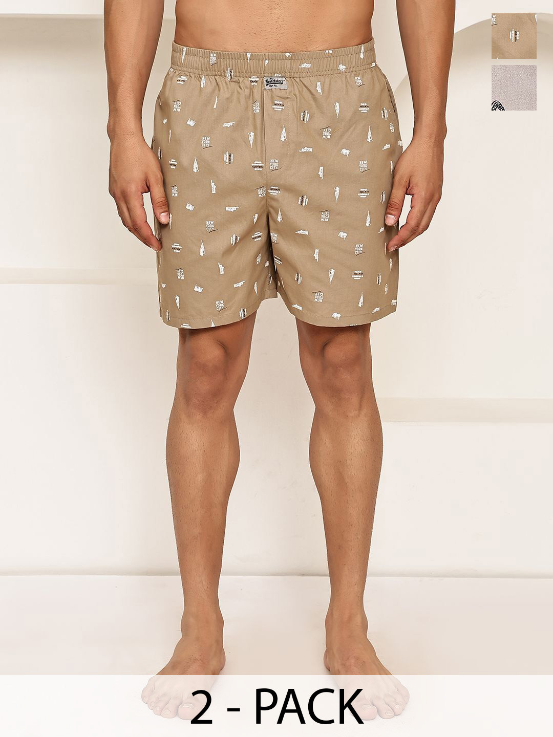 The Roadster Lifestyle Co Pack Of 2 Printed Pure Cotton Boxers RDBX_155Grey-Beige_Pack-2