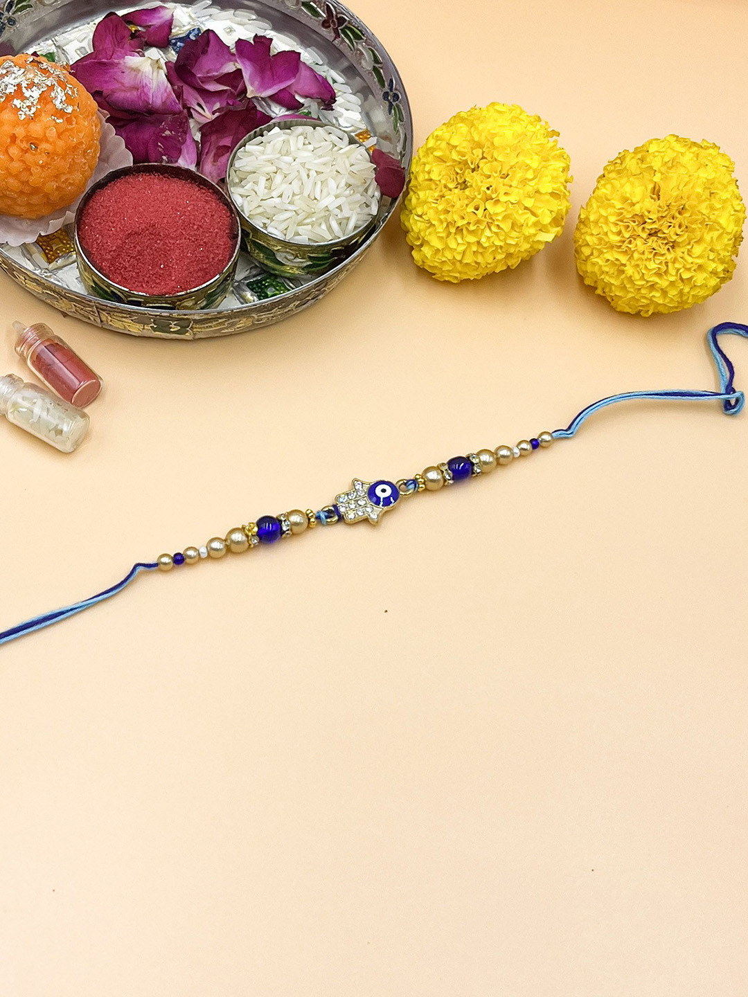 Sangria Kundan Studded & Beaded Evil Hand Bhaiya Bhabhi Rakhis With Roli Chawal